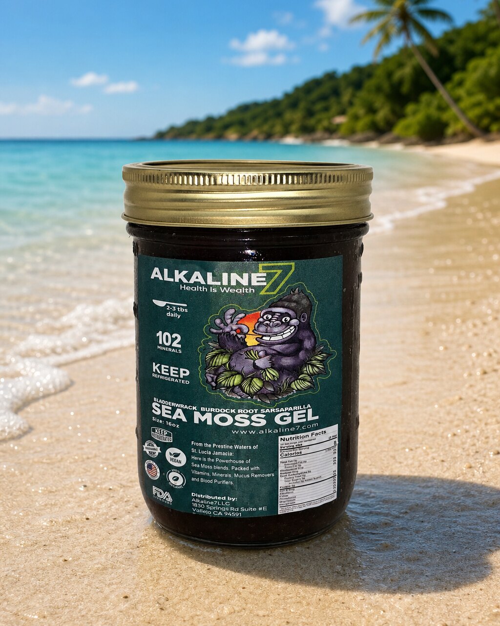 Alkaline7 Bladderwrack, Burdock and Sarsaparilla Blend sea moss gel jar in the sand on a sunlit Caribbean beach