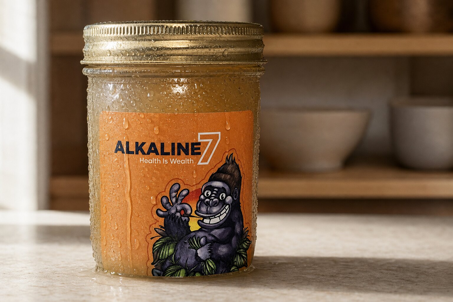 A cold Alkaline7 jar bridges cool refrigerator light and a warm pantry backdrop.