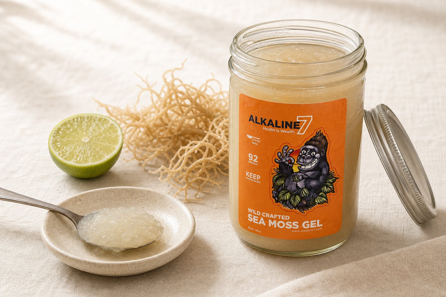 An open plain sea moss gel jar with a spoonful, fresh sea moss, and lime.