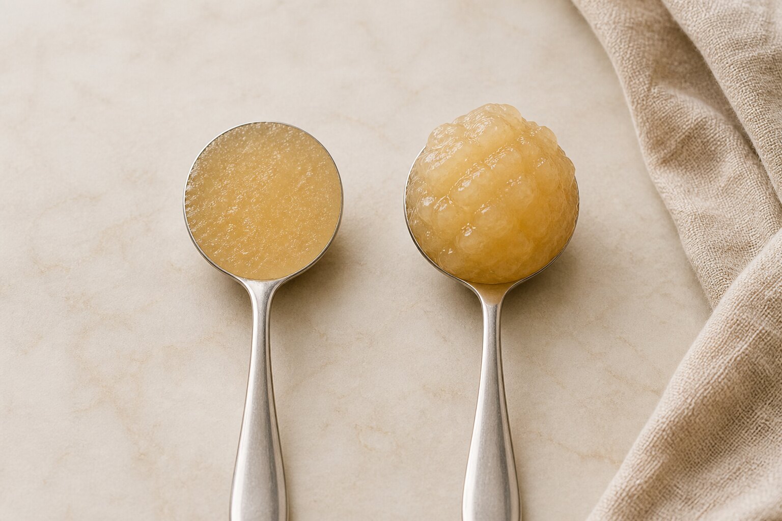 A level spoonful of gel sits beside a generously heaped spoonful.