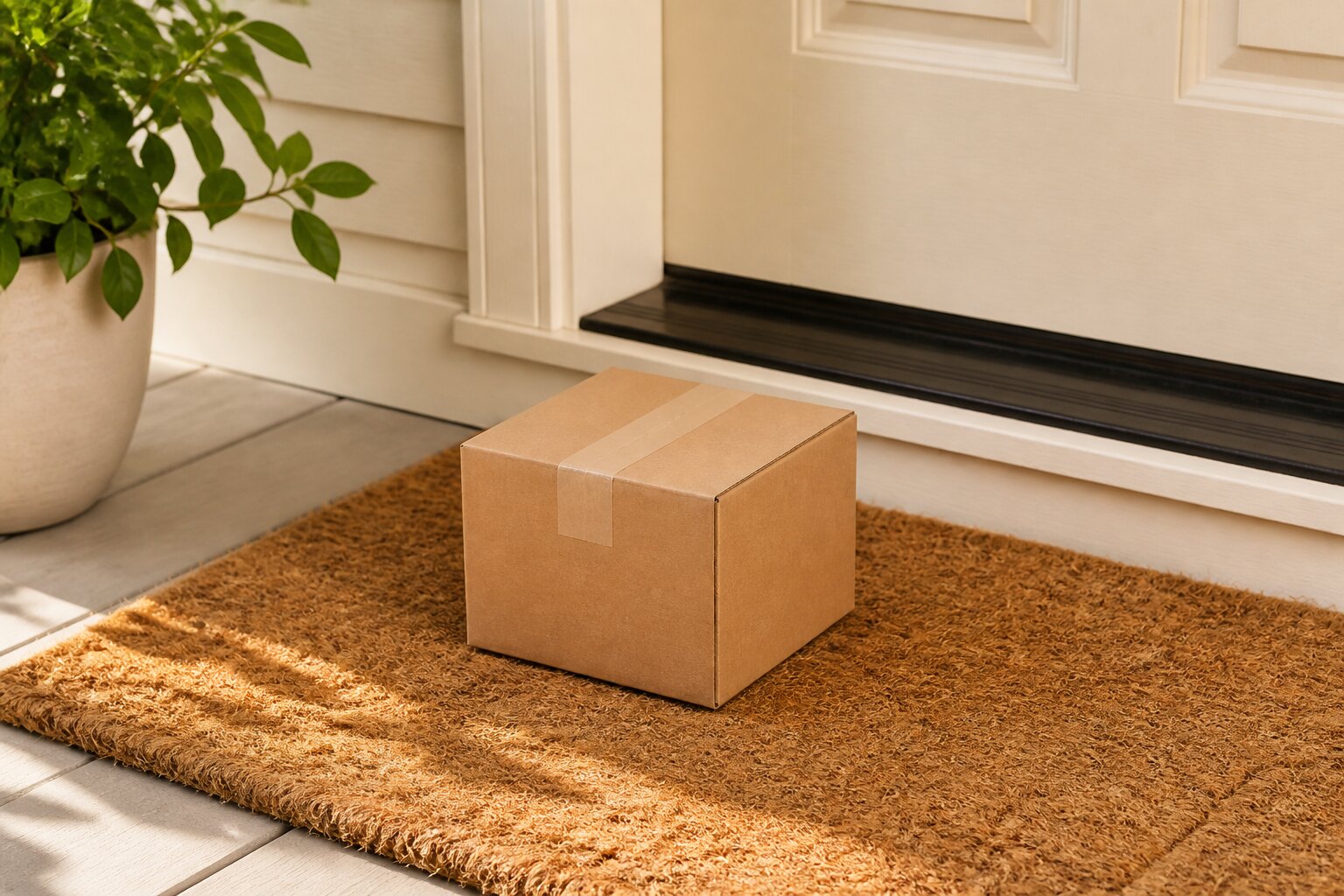 A small sealed shipping box waiting on a doormat at a front door in morning light.