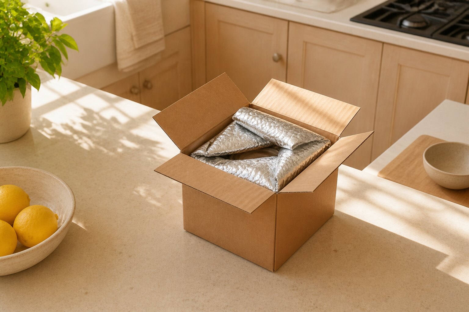 An opened shipping box on a kitchen counter revealing a silver foil bubble liner inside.